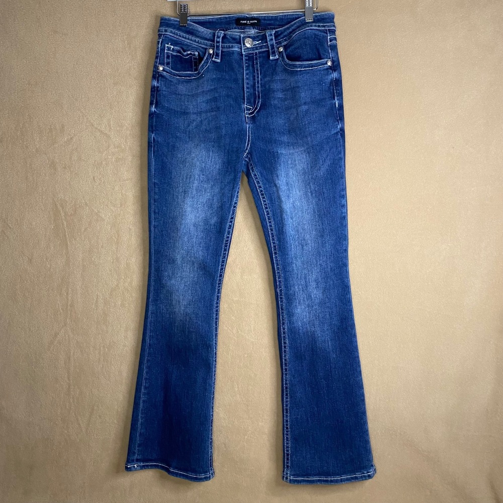 Fire & Rain Denim Flared‎ Jeans Women's Sz 15 Embellished Cross Pockets Blue EUC